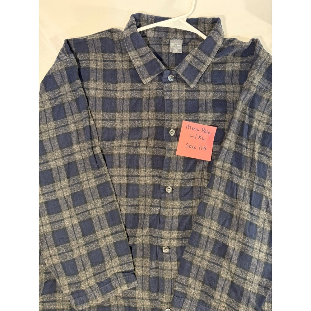 Polo Ralph Lauren Mens Blue Grey Plaid Flannel Button Down Shirt L/XL